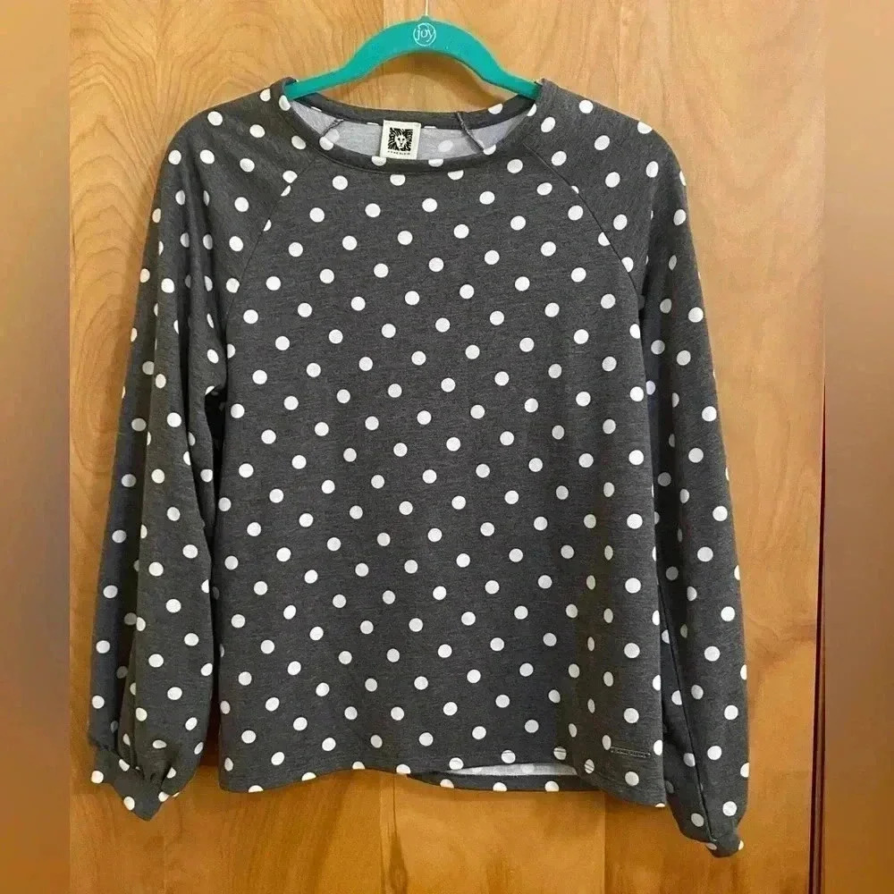 Anne Klein Long Sleeve Polka Dot Charcoal and White Size M EUC